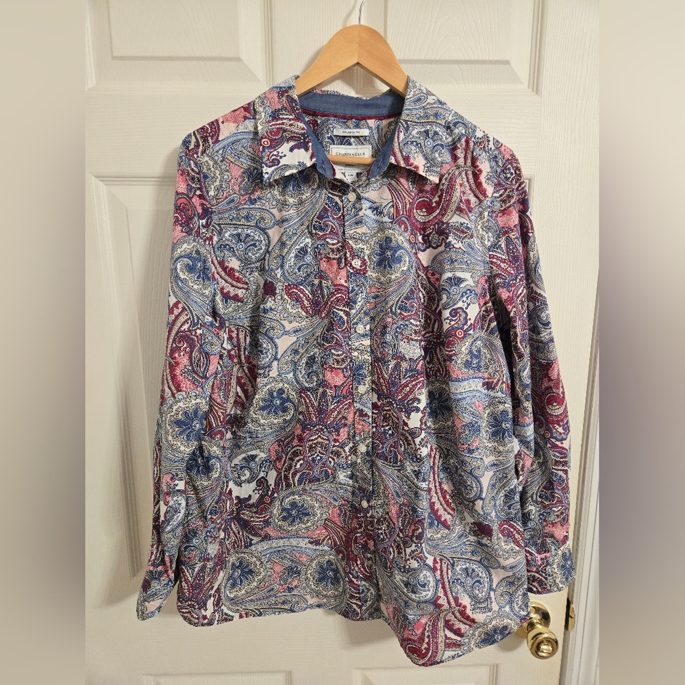 Charter Club Women's Blue & Pink Paisley Shirt Button Front Size 16W Relaxed Fit